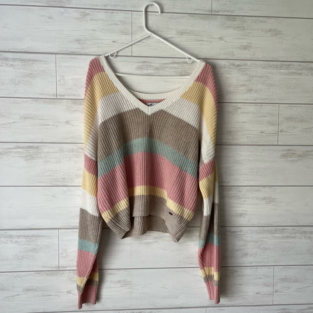 Hollister Pastel Striped V-Neck Lightweight Knit Sweater